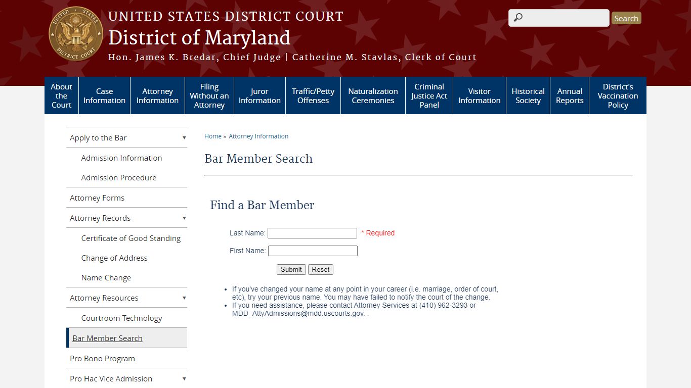 Bar Member Search | District of Maryland - United States Courts